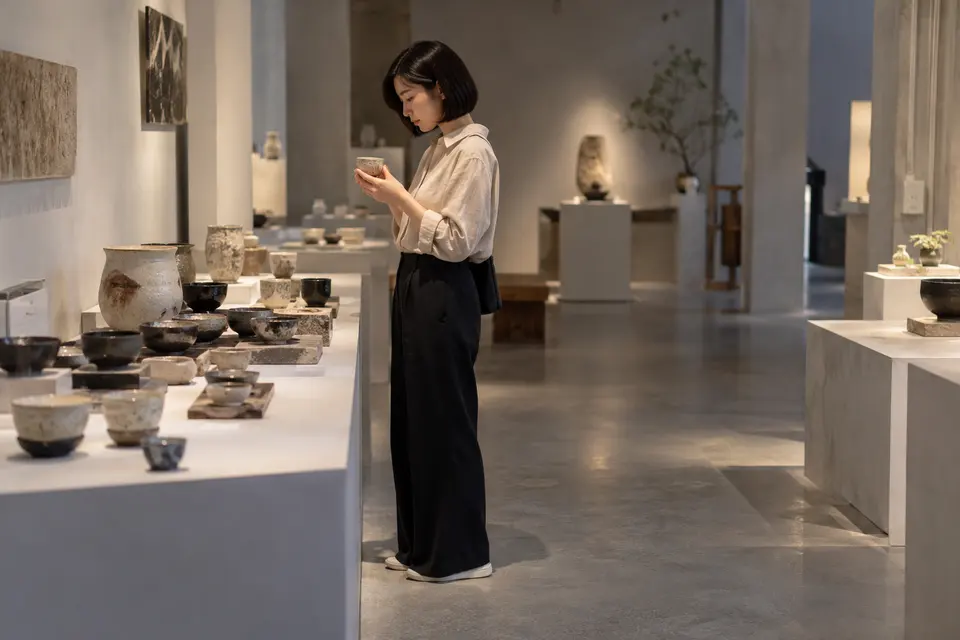 茶器展览现场，陶瓷茶具与品饮场景